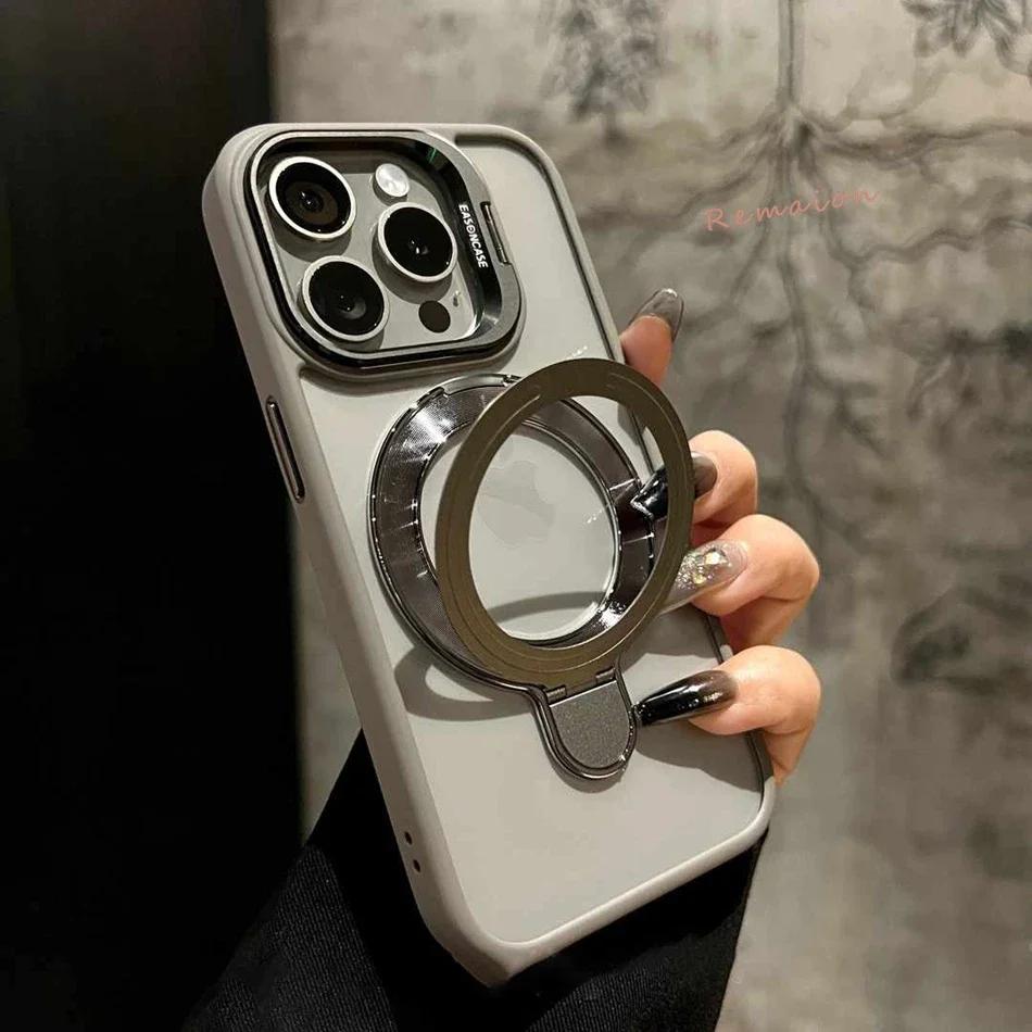 New Gold 16 Magnetic Glass Lens Stand Phone Case for iPhone 16 11 13 15 12 14 Pro Max 16 Plus Funda Magsafe Clear Cases Cover