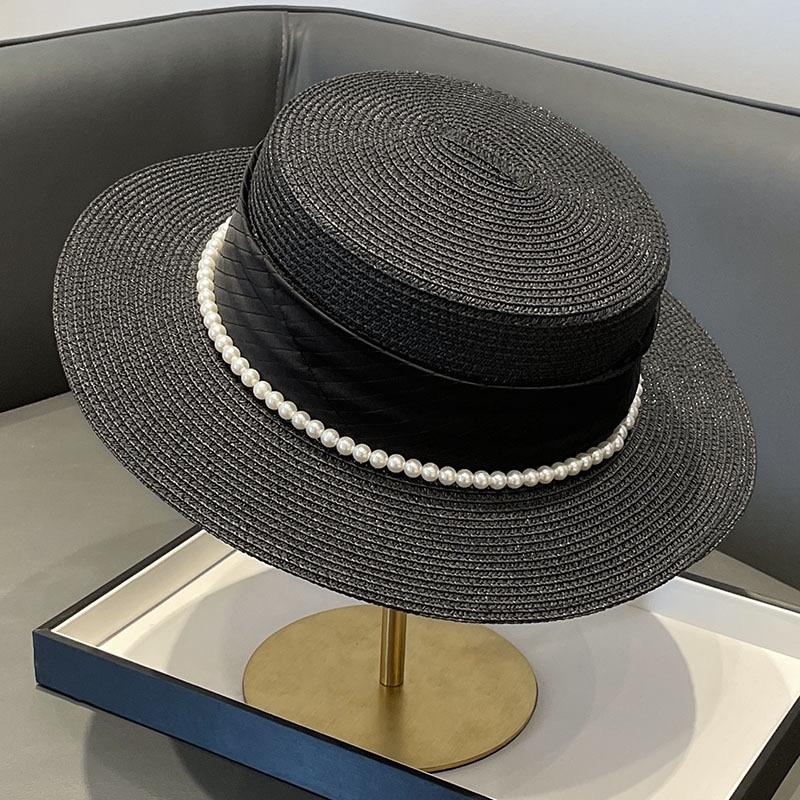 Cappello Estivo Elegante in Paglia con Parte Superiore Piatta, Stile French Chic, per la Spiaggia, da Donna