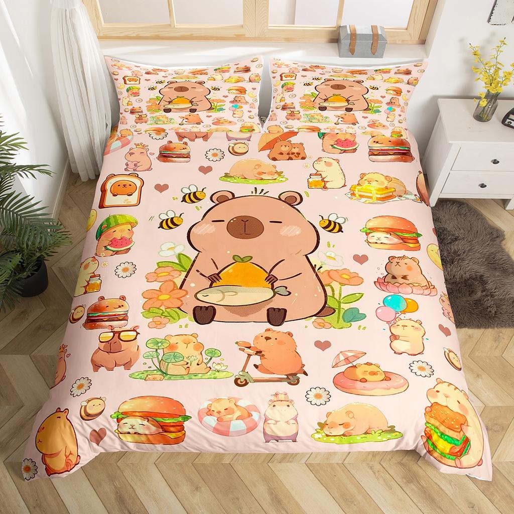 Homewish Cartoon Capybara Teens Duvet Cover SetLotus Flower Floral Bedding SetKawaii Orange Watermelon Bed Set