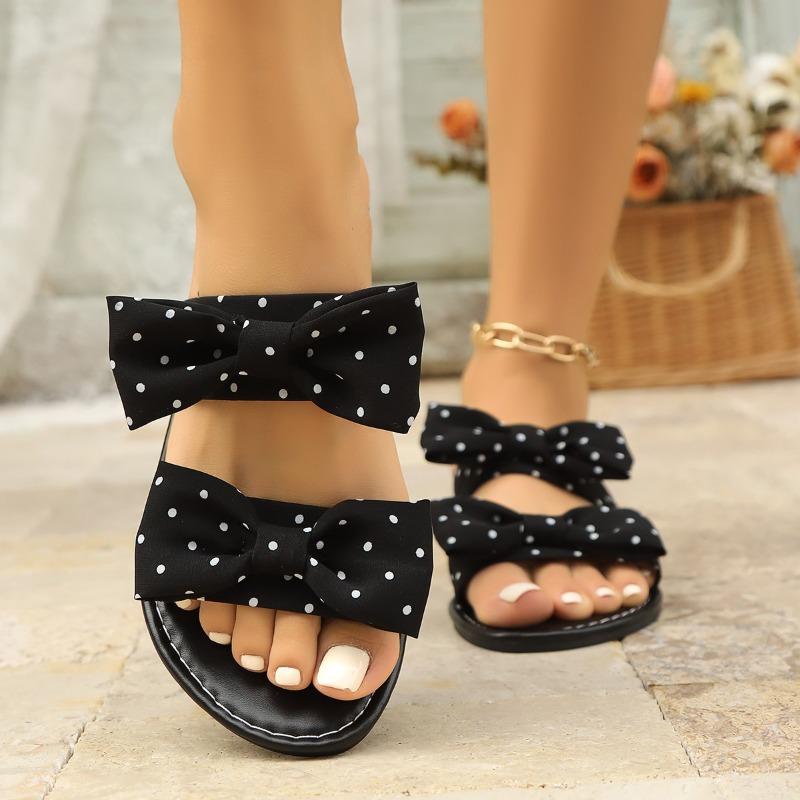 Women's Bow Flat Slide Sandals - Korean Style Summer Slippers for Outdoor, Wide Width Casual Beach Flip Flops with Non-Slip Sole