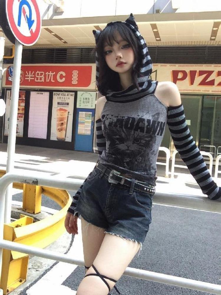 Gothic Striped Patchwork Hoodie Tops Women Japanese Style Vintage Punk Cat Print Sweater Y2k Hollow Out Slim Pullovers Soft Gril 2000s