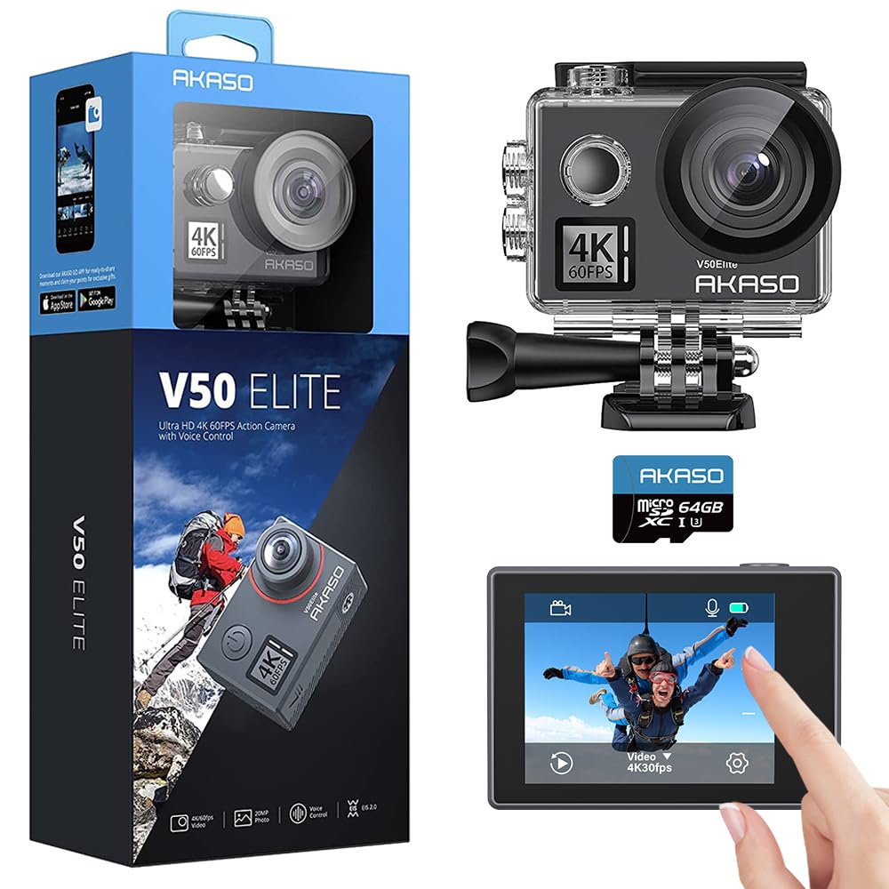

AKASO Action Camera V50Elite 4k 60fps 64GB microSD Memory Voice EIS Image 40M Underwater 8x HDMI Remote Action Sports Wearable Camera Touchscreen, чорний