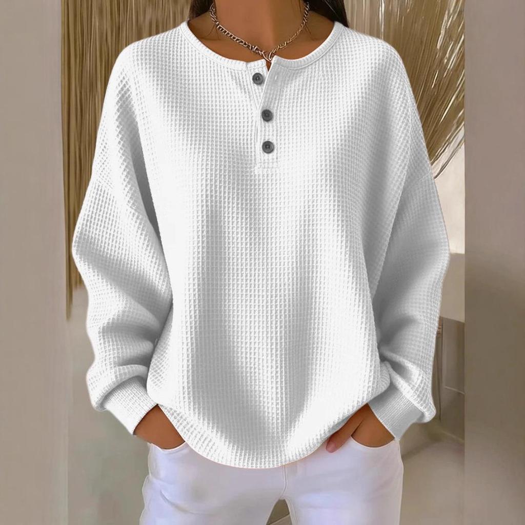 Women's Long Sleeve V-Neck Button Detail Waffle Knit Top