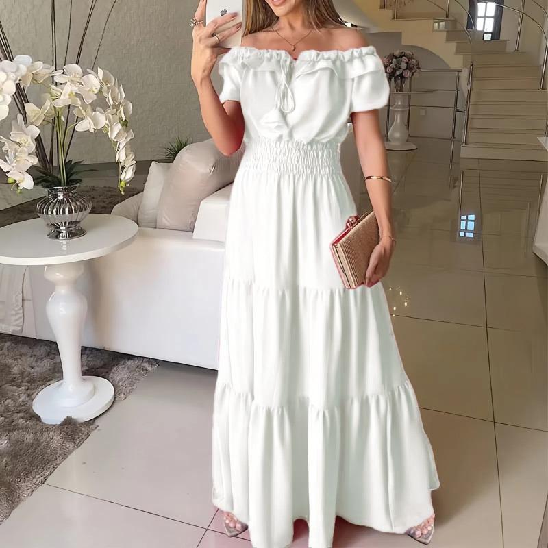 

Fashion Elegant Off Shoulder Ruffled Short Sleeve Summer Dress Lace-up Slim Fit A-line Party Long Dresses Female Casual Solid Color Loose Clothing XL білий