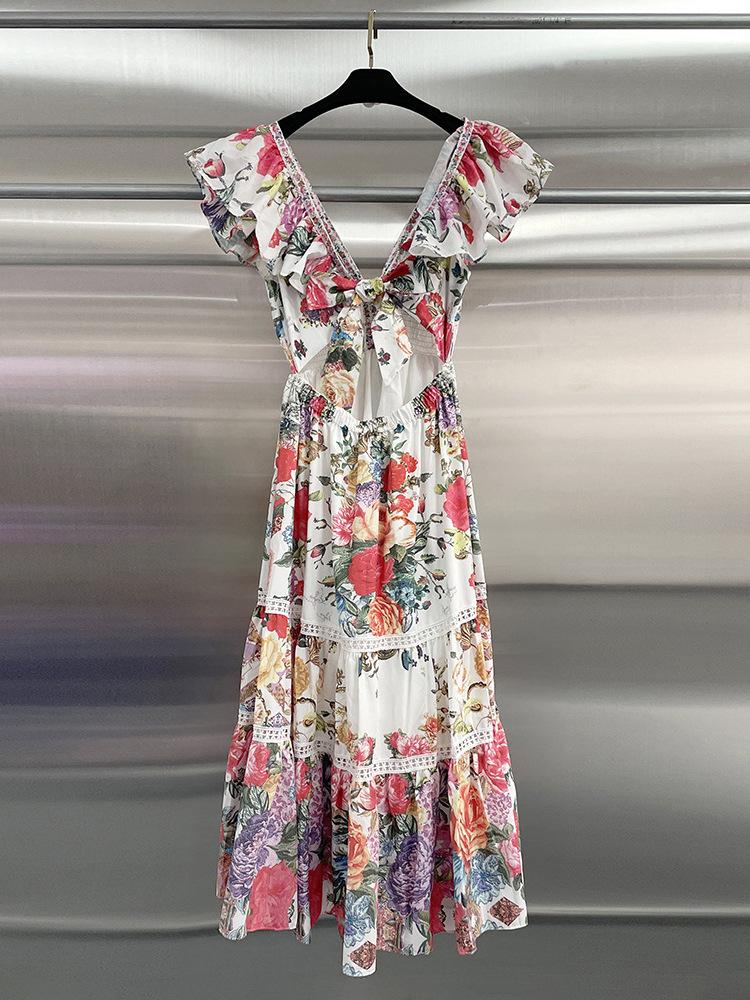 Women's Australian Beach Resort V-Neck Ruffle Sleeveless Printed Backless Dress - Spring 2026