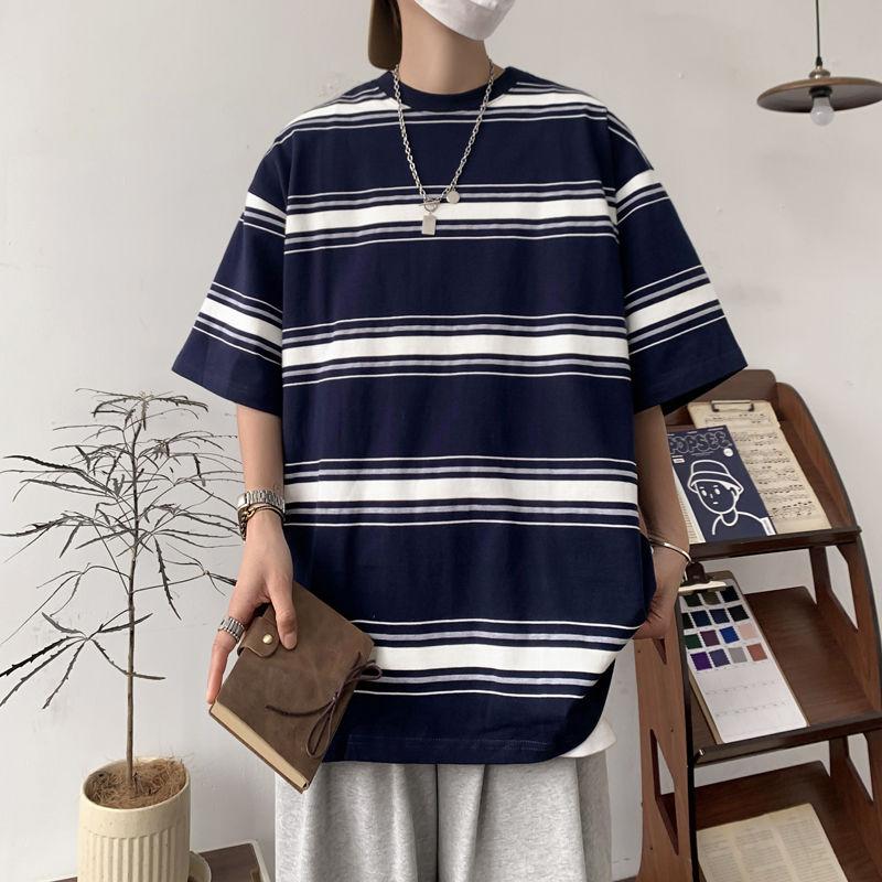 Casual Short Sleeve Pullovers Summer Young Style Contrasting Colors Men's Clothing Striped Basic Round Neck Chic Loose T-shirts