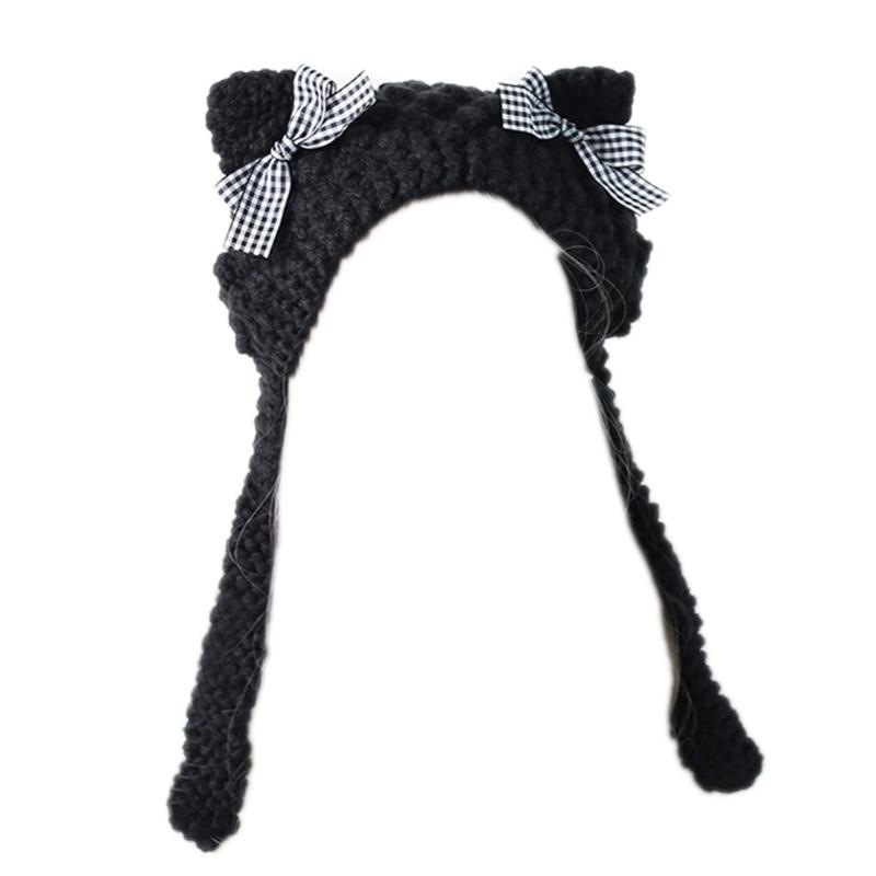 Kids Girl Knitted Caps with Cute Cartoon Animal Ears Beanie Winter Warm Knitting Hat Knit Hat Lace Trim for Teen Girls