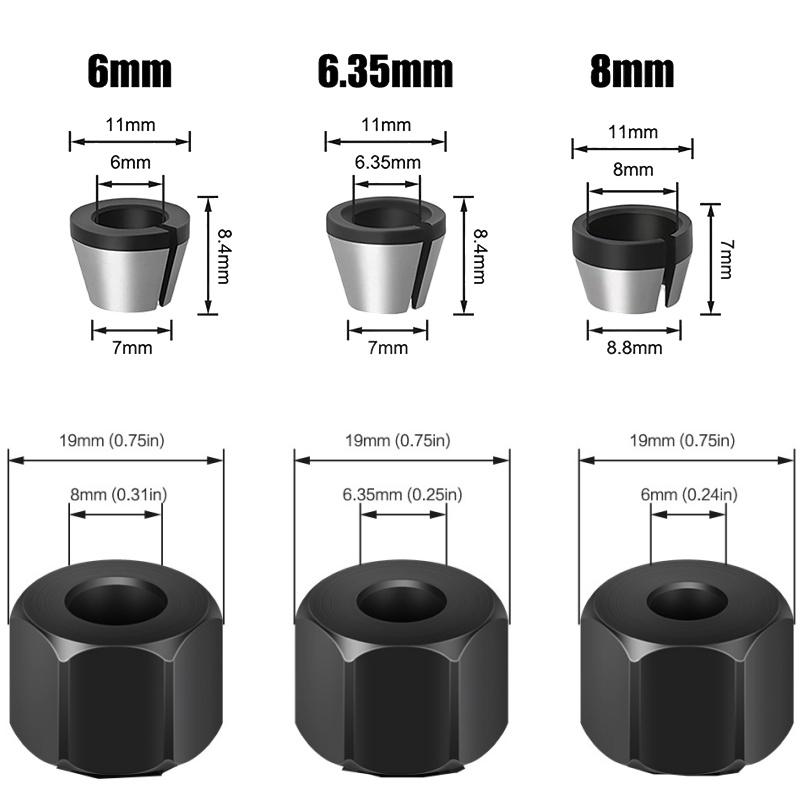 1 Juego de Piezas de Fresadora Eléctrica 6 mm 6.35 mm 8 mm Portabrocas de Pinza Adaptador de Broca para Fresadora de Grabado y Recorte con Tuerca