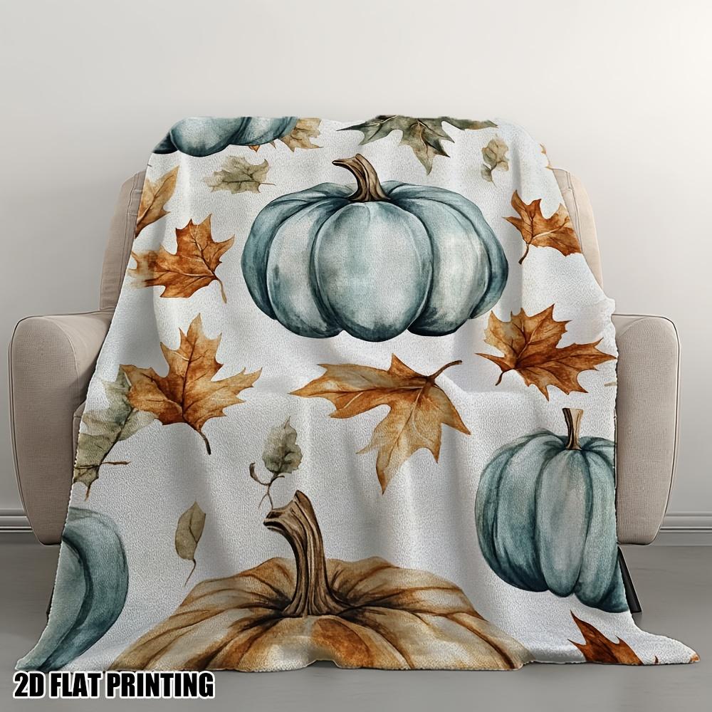 1pc Ultra-Soft Flannel Blanket Shawl - Pumpkin & Fall Leaves Print in Blue, Orange, Brown, Beige & White | All-Season Cozy Throw