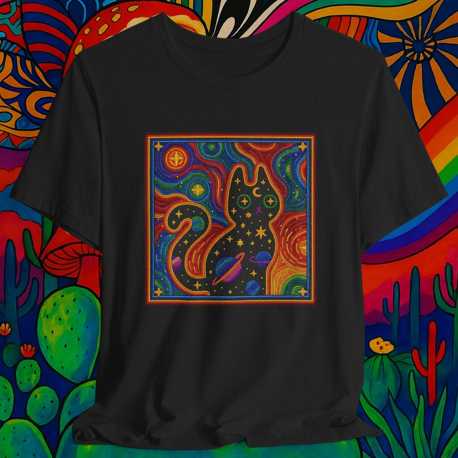 Cosmic Cat T shirt: Huichol Art Inspired 2XL
