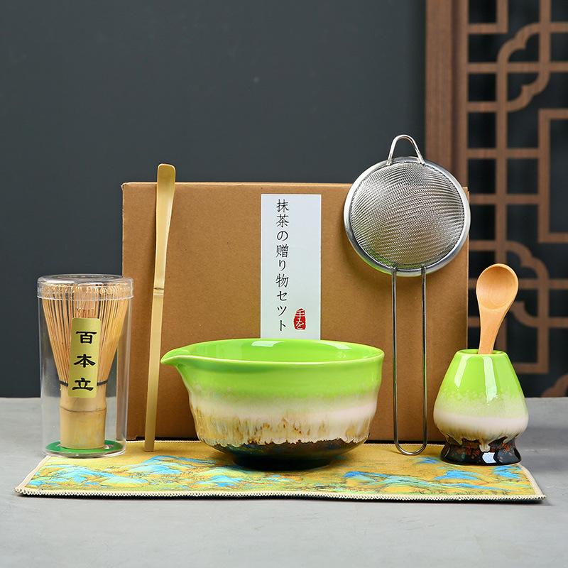 7pcs Traditional Bamboo Ceramic Japanese Matcha Tea Set with Spout Reusable Matcha Whisk Set Food Grade Safe Match Bowl Stirring