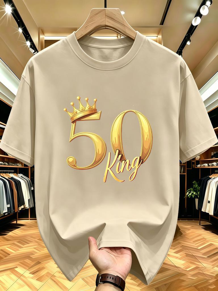 Unisex O Neck Tee 50 Birthday King Crown Print Cotton Short Sleeve Loose Summer Street Breathable Daily Casual Basic Wear Top