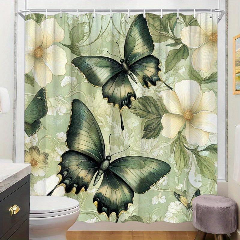 1pc Shower Curtain - Elegant Butterflies and White Flowers Design for a Serene Bathroom Waterproof