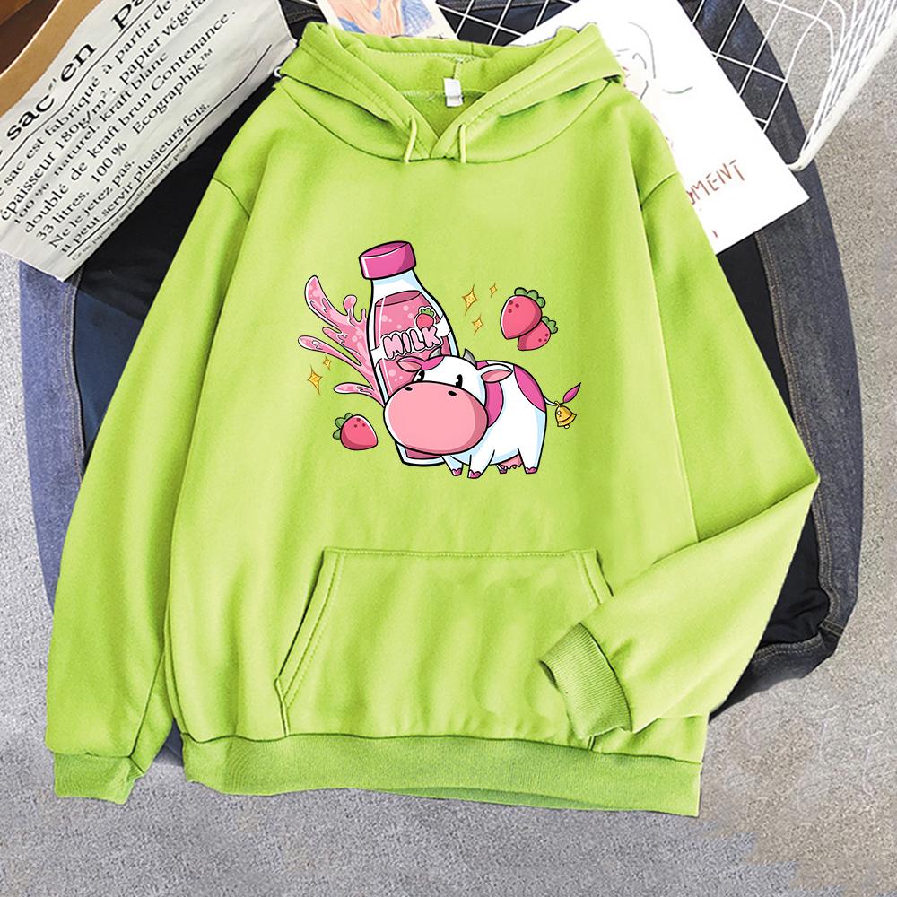 Strawberry Milk Pink Cow Hoodie Oversized Cartoon Printed Sweatshirt Women Warm Hooded Pullovers Harajuku Girls/Boy Sweatshirts
