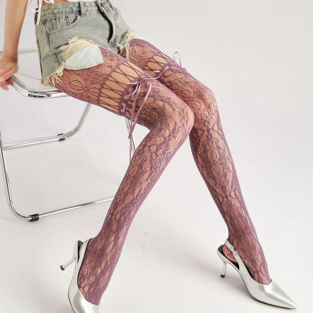 High Waist Mesh Lace-up Pantyhose Smooth Hollow-out Shaping Silk Stockings Stretch High-Density Sheer Pantyhose Tights Women