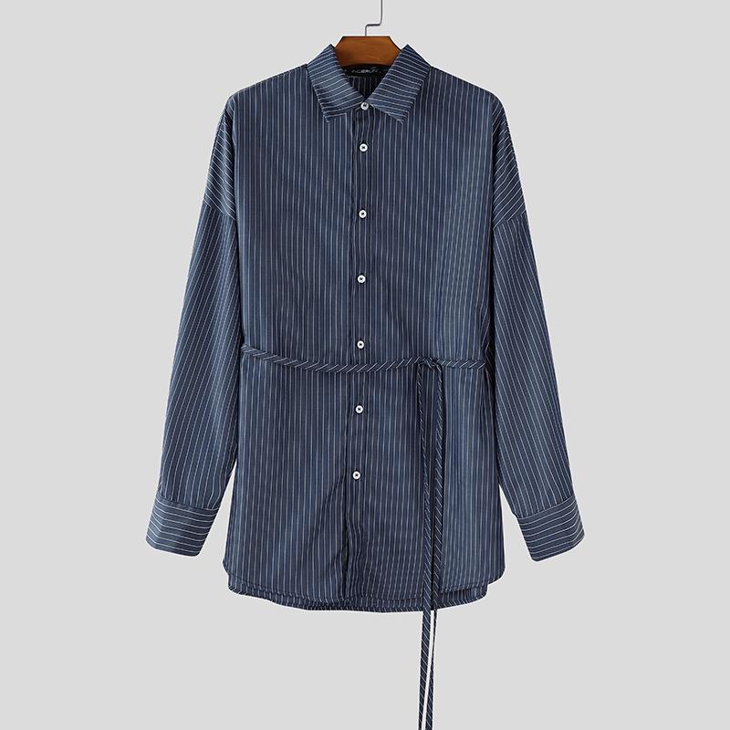

INCERUN Plus Size Men Lapel Neck Long Sleeve Lace-up Striped Loose Casual Long Shirts XL темно-синього кольору