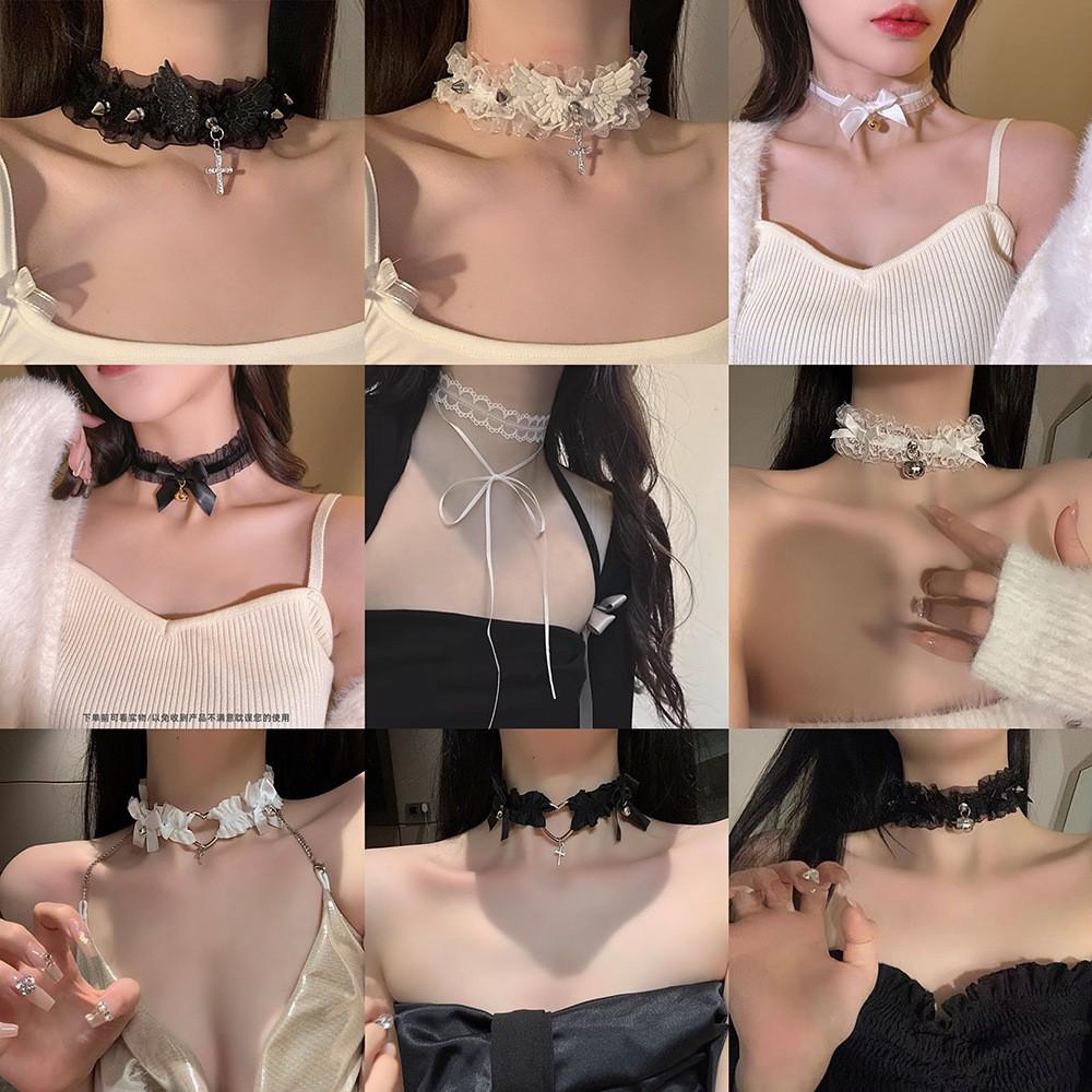 Lolita Camellia Choker Necklace for Women - Dark Clavicle Chain, Maid Style Neckband Collar