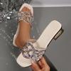 Rhinestone Chunky Heel Slide Sandals, Square‑Toe Crystal One‑Strap Slides, Fashion Outdoor Party Plus‑Size Slippers for Women
