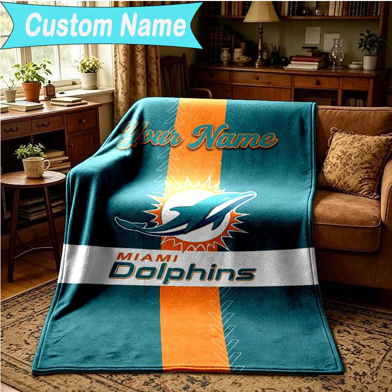 1PC Custom Name Blanket Dolphins Team Flannel Blankets Patterns Throw Blanket All-Season Soft Gift for Couch, Bed, Camping, Birthday Gifts