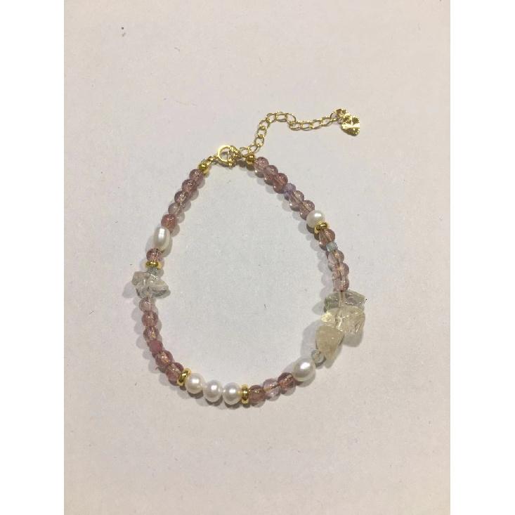Natural Strawberry Quartz Bracelet, Yellow Crystal, Aquamarine, Light Luxury Freshwater Pearl14K Small Bead Bracelet for Girls with Crushed Stones 15+5cm Natural Pearl Mode