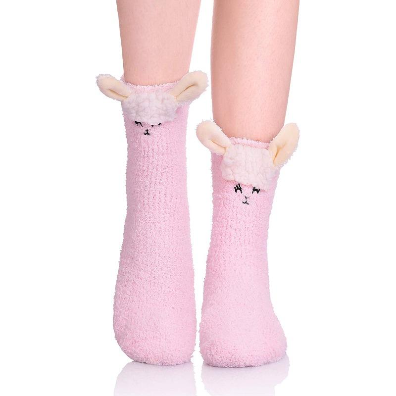 Autumn and winter women's socks, cute animal giraffe cat coral fleece sleeping floor slippers socks winter thermal socks