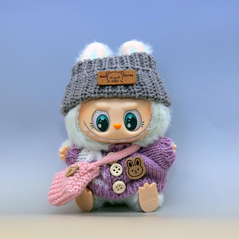 Labubu Doll Outfit Set: Knit Sweater, Hat, Button Charm, Small Bag, Vinyl Doll Clothes Replacement