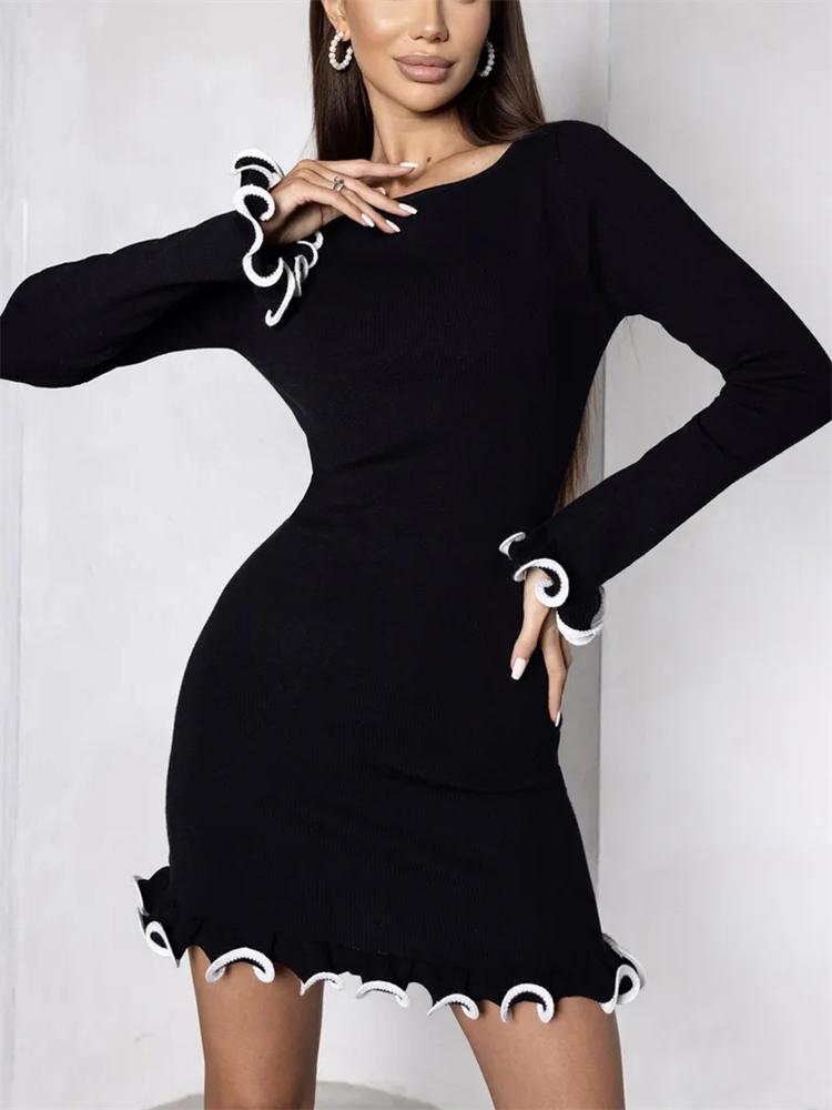 Knitted Mini Dress For Women Fungus Contrast Color Slim Sweater Dress Elegant Female Party Clothes Long Sleeve Spring New Dress