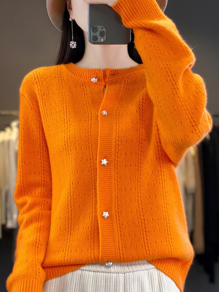 Women's Round Neck Wool Cardigan: Loose Fit, Solid Color, Hollow Long Sleeve - Suitable for Spring, Autumn, and Winter.