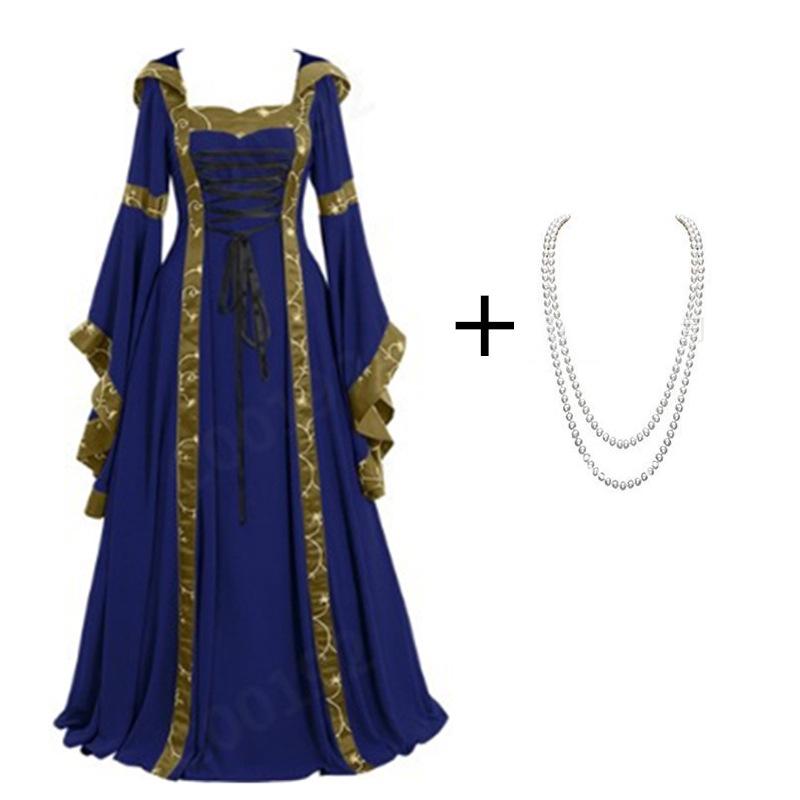 Medieval Retro Hooded Dress with Square Neck, Lace-Up Detail, and Bell Sleeves