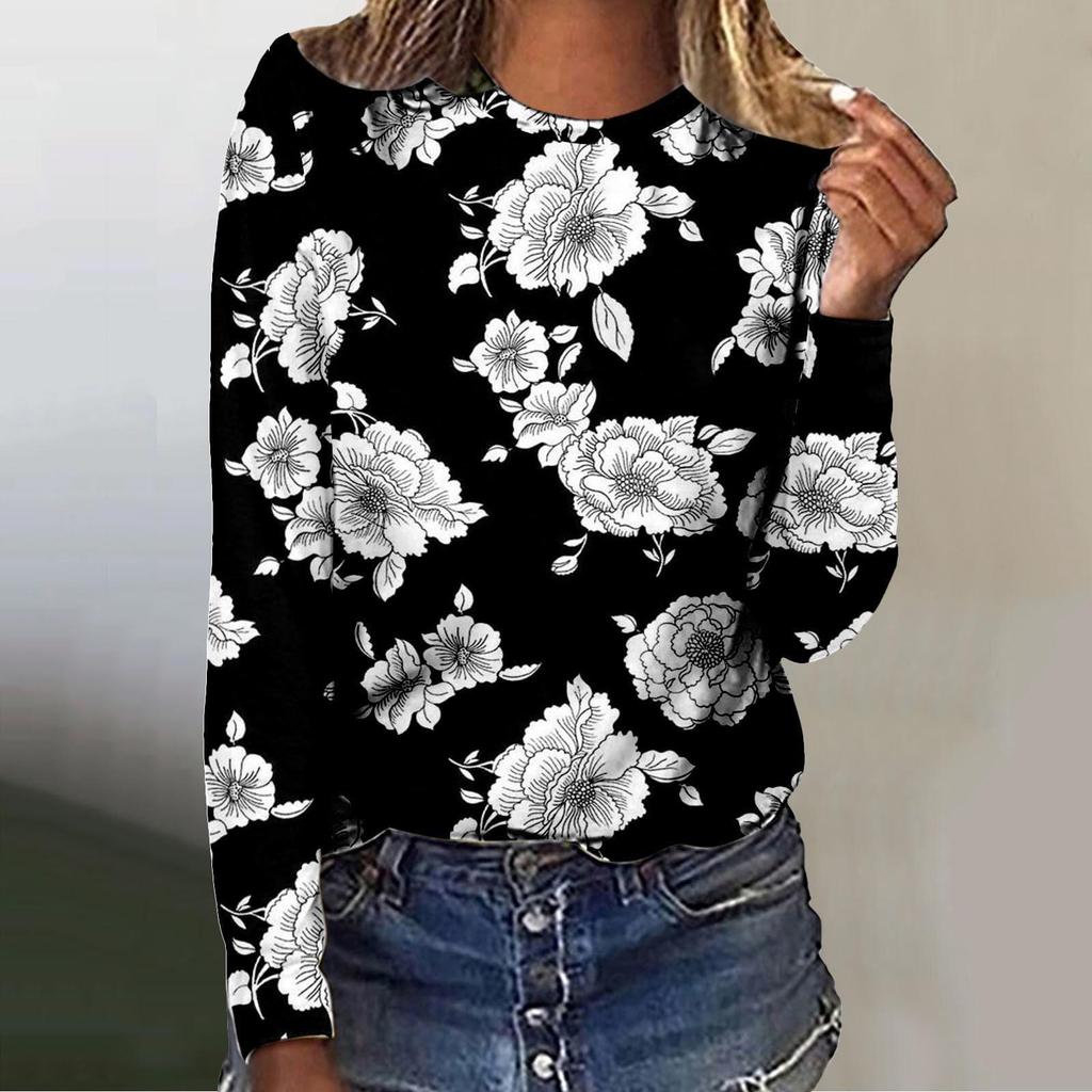 Spring and Autumn Round Neck 3D Flower Pattern Printed Top Fashionable Casual Long Sleeved Women's T-shirts