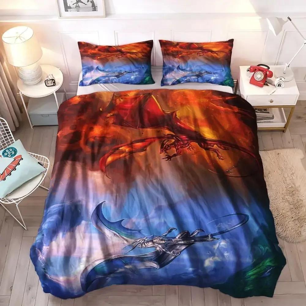 Dragon and Phoenix Duvet Cover Set Full Queen Size, Fantasy World Monster Gothic Bedding Sets Bohemian Mandala Comforter Cover