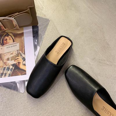 Baotou Half Slippers Women's Outer Wear 2025 Spring New Square Head Retro Leather Slippers Lazy Without Heel Muller Sandals