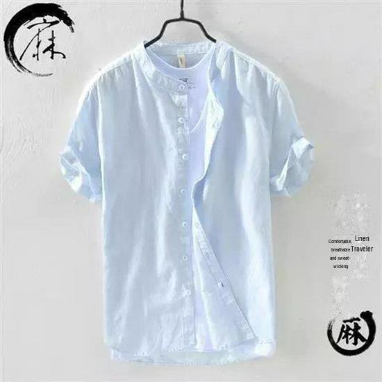 Men's Summer White Linen Shirt - Short-Sleeve, Stand-Up Collar, Japanese Business Casual Style, Loose Fit.