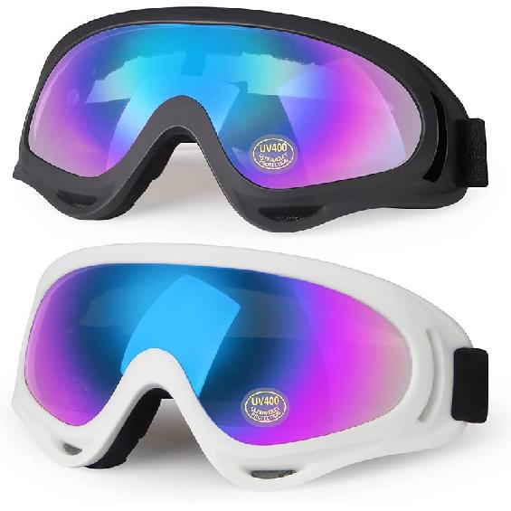 Motorcycle Goggles 2 Pack, Dirt Bike ATV Goggles Motocross Riding Racing Eyewear Off-Road MX Bike & Ski Goggles UV400 Anti-Fog Impact-Resistant
