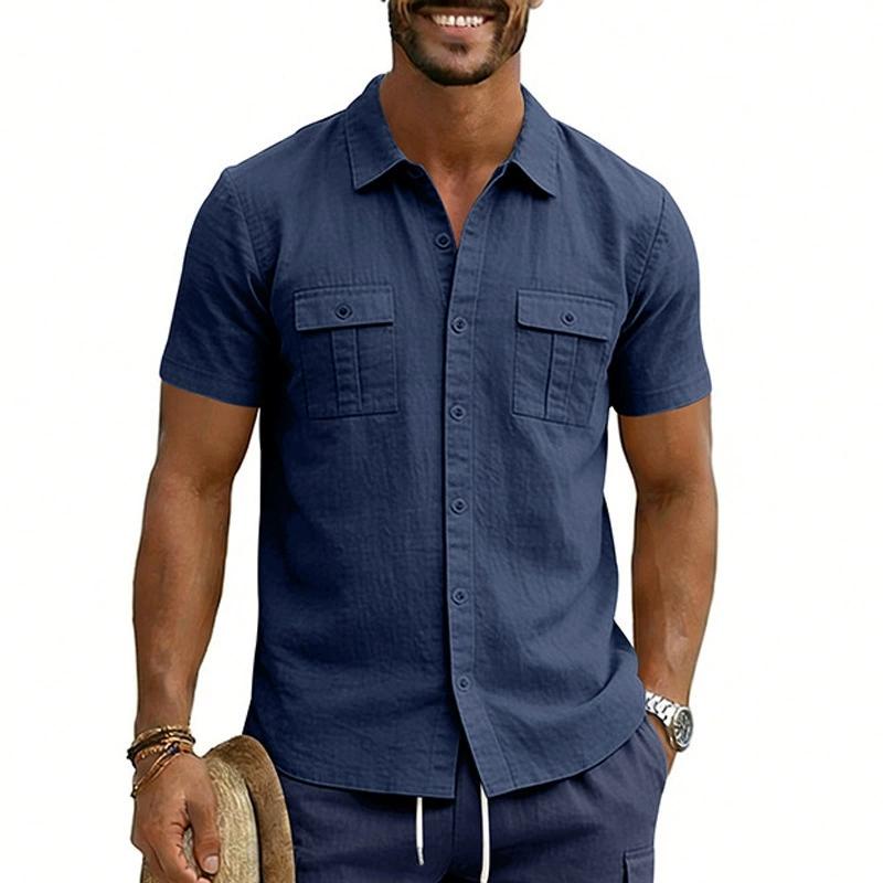 Cotton Linen Shirt Men Pocket Casual Beach Short Sleeve Solid Color Male Tops T-shirts Vintage Streetwear Comfort Casual Shirts