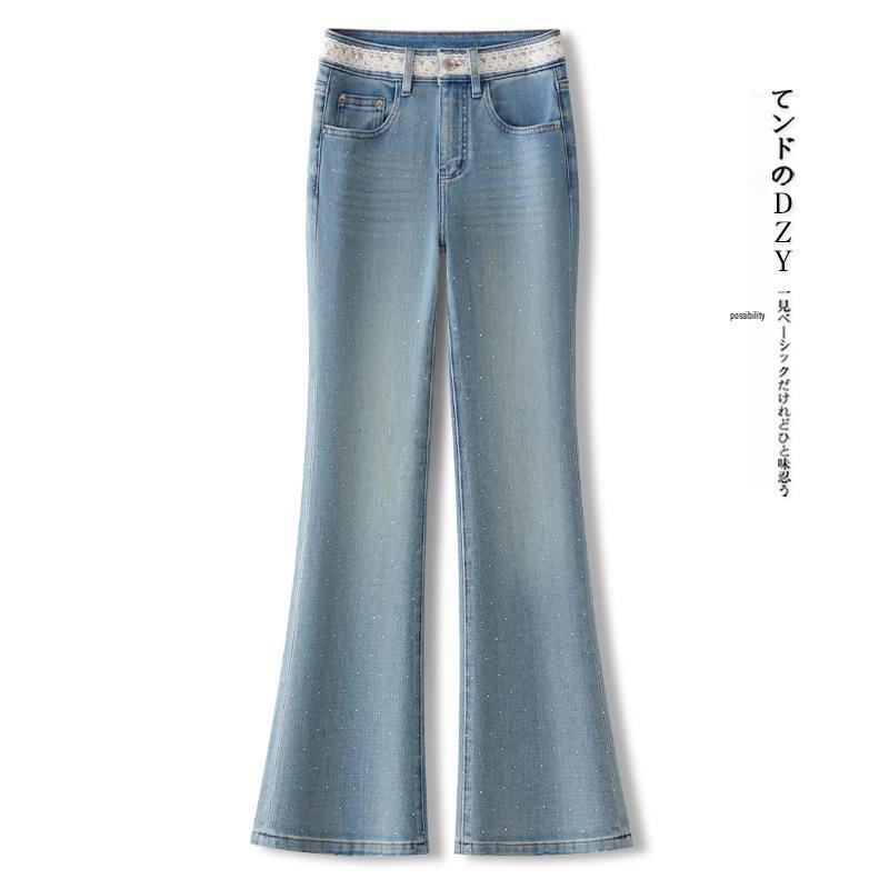 Light Color Rhinestone Lace Flared Jeans - Women's 2025 Retro Style