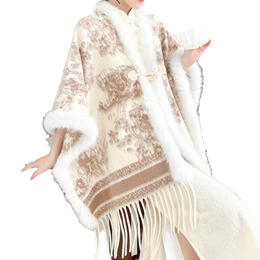 Elegant Women's Floral Ink Wash Shawl - Soft Cashmere Feel, Tassel Detail Cape