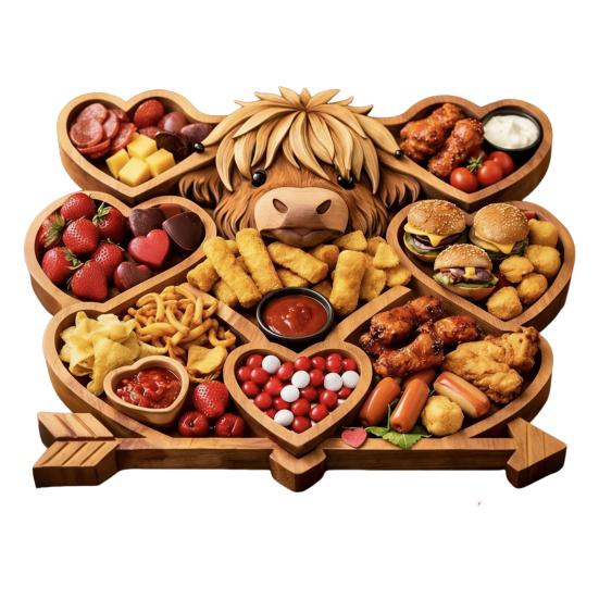 Highland Koe Charcuterieplank Rustieke Serveerplank met Compartimenten Houten Schaal voor Kaas Fruit Snacks Feest