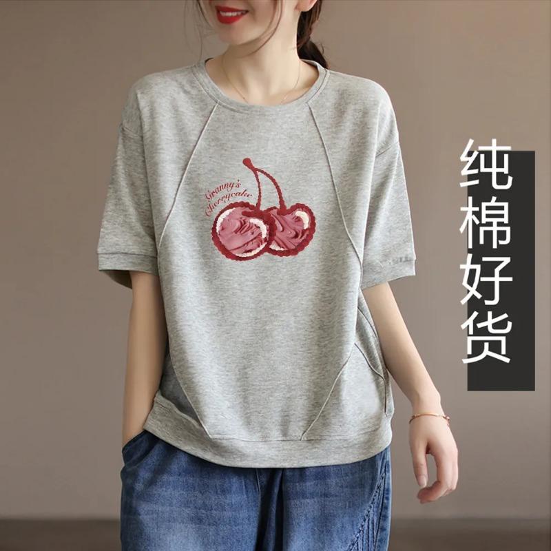 

Women s 100% Cotton Casual Oversized T-shirt Cute Cherry Print Raglan Short Sleeve Crew Neck Purple Top L сірий колір