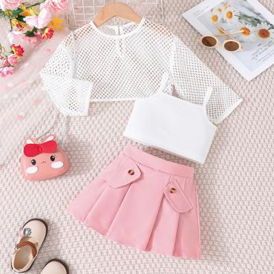 Summer Girls New Mesh Long-sleeved Top Short Vest Sling Pleated Skirt Three-piece Set