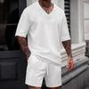 Men's V-neck Jacquard Casual Shirt & Shorts Set - Solid Color, Short-sleeve, Versatile