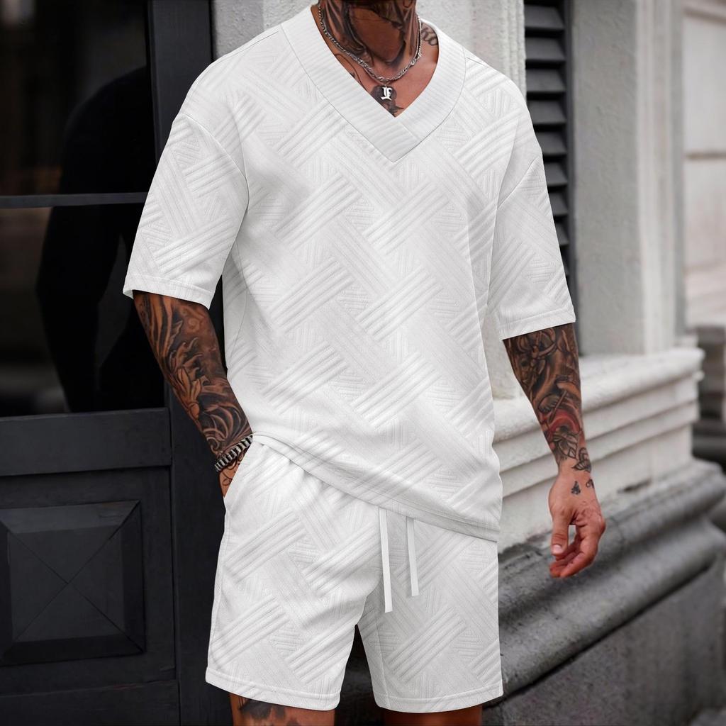 Men's V-neck Jacquard Casual Shirt & Shorts Set - Solid Color, Short-sleeve, Versatile