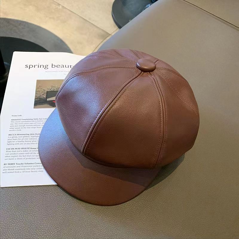 

Vintage PU leather Women Beret Hat Solid Color Octagonal Newsboy Cap Outdoor Ladies Girl French Artist Caps 56-58cm кофейный
