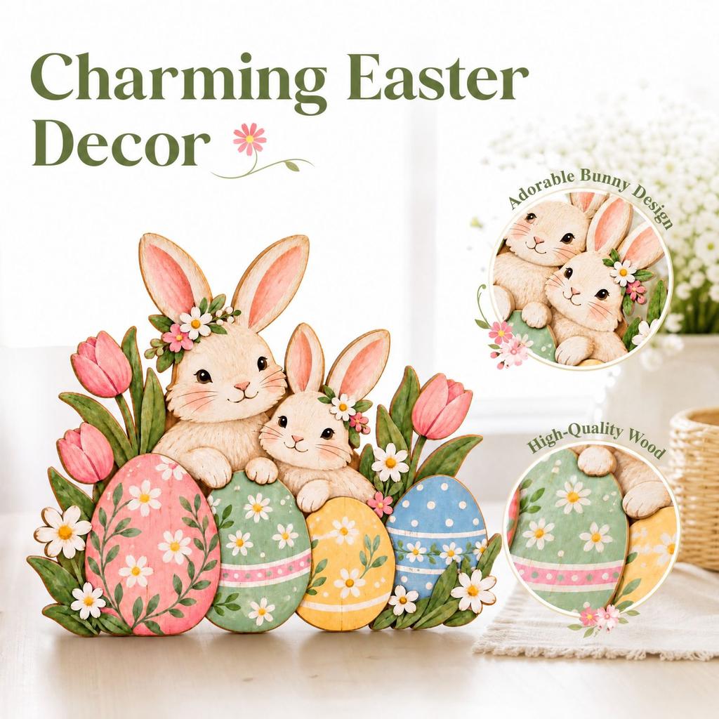 2D EasterRabbit Easter Egg Wooden Ornament Spring Flower Theme Ornament