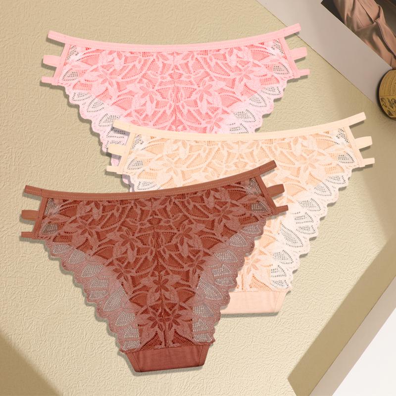 3Pcs Women's Three Belts Underwear Sexy Lace Hollow Out Panties Female Low-Waist Breathable Briefs Stretch Soft Lingerie