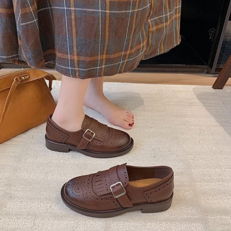 Fashion Retro Low Heel Single Shoes Autumn New Round Toe Deep Mouth Breathable Hole Metal Buckle Non-slip Low Top Shoes