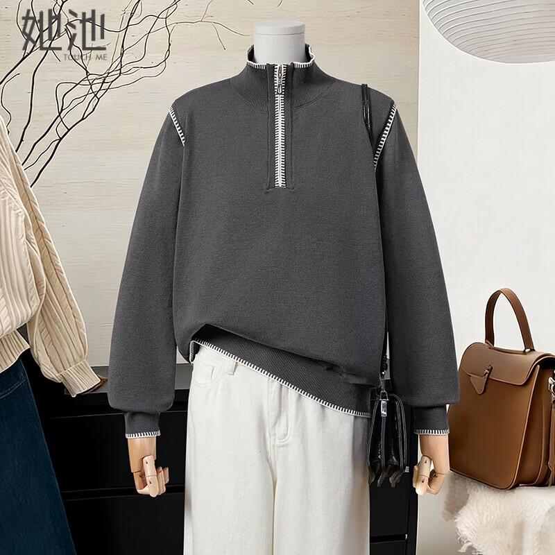 Women s Half-Zip Stand Collar Color-Block Knit Pullover One Size