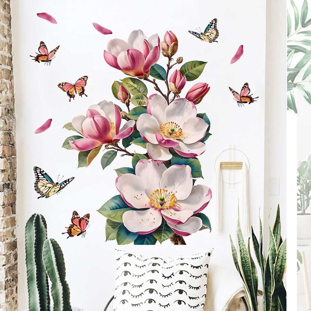 Magnolia Butterfly Wall Sticker Self-Adhesive Waterproof Removable Living Room Bedroom Hallway Background Wall Home Decor Art