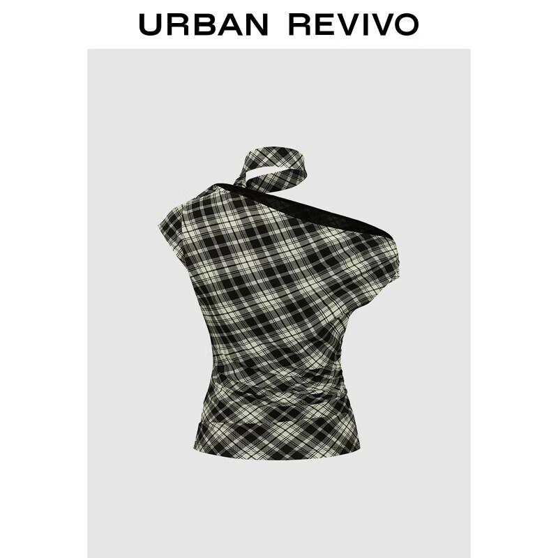 UR Women s Fashion Plaid Halter Neck Pleated T-Shirt L