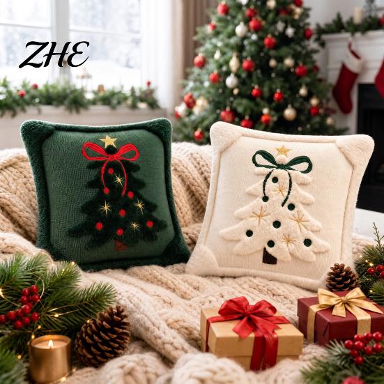 Cozy Knitted Plush Pillow Covers Christmas Pillowcase, 3D Embroidered Design Soft Throw Decorative Cases Cover, Cushion Cover for Holiday Home